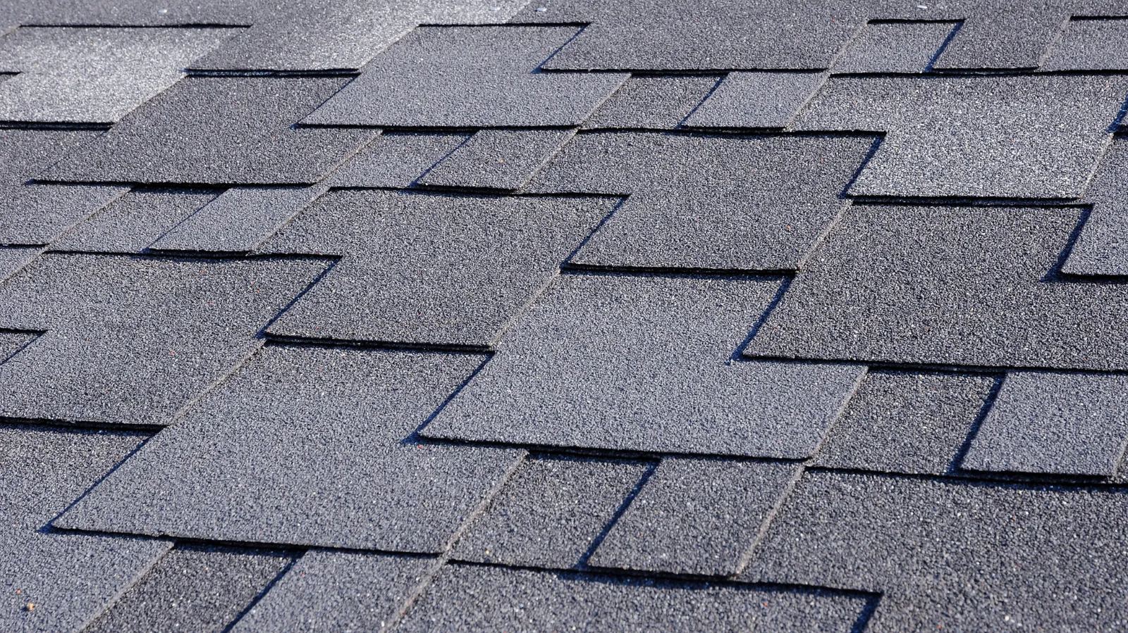 Layered gray asphalt shingle tabs in a sunlit close-up