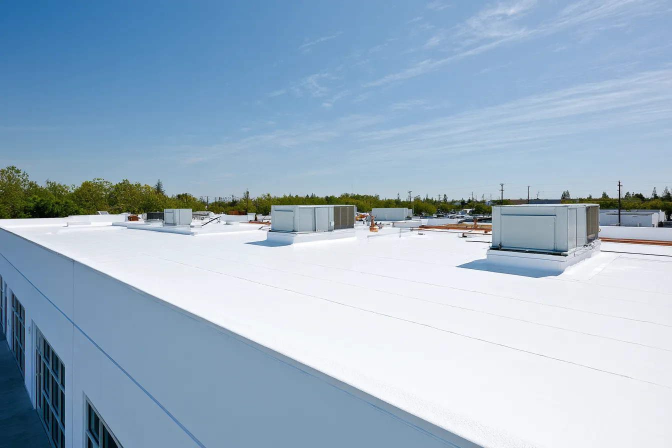 Bright white flat roof showing seam lines and rooftop equipment