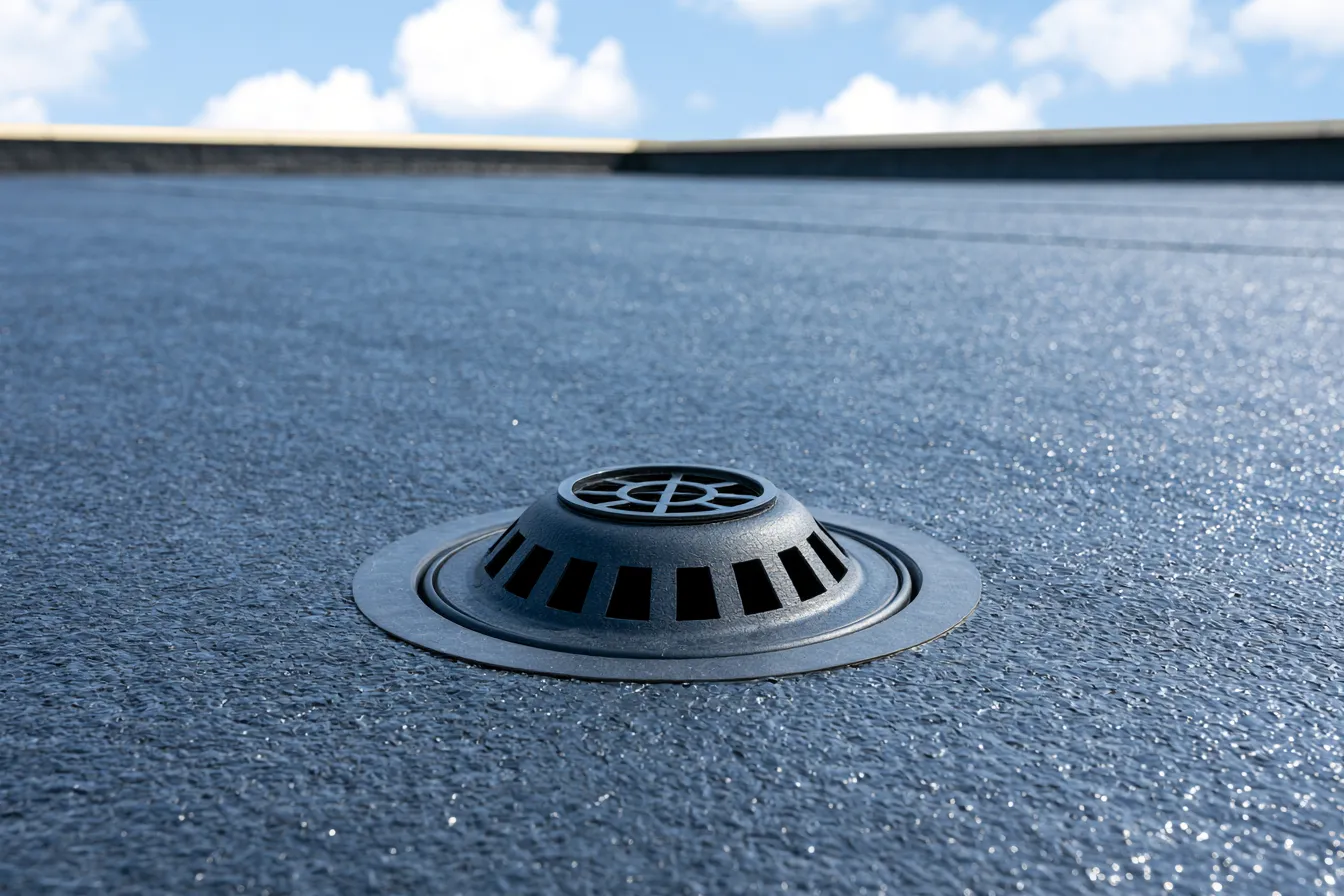 Blue sky above a black roof drain dome on a granulated cap sheet roof