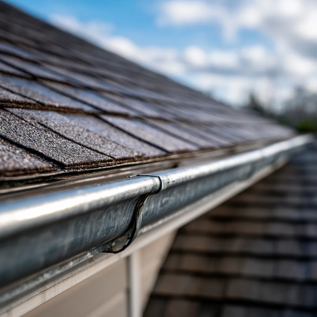 Metal half round gutter hanging below a shingle roof edge