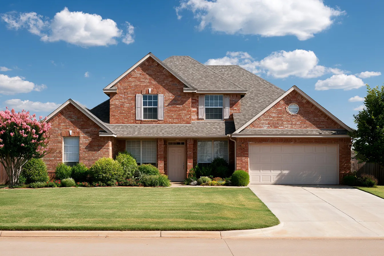 Gray architectural shingle roof on a two-story red brick house