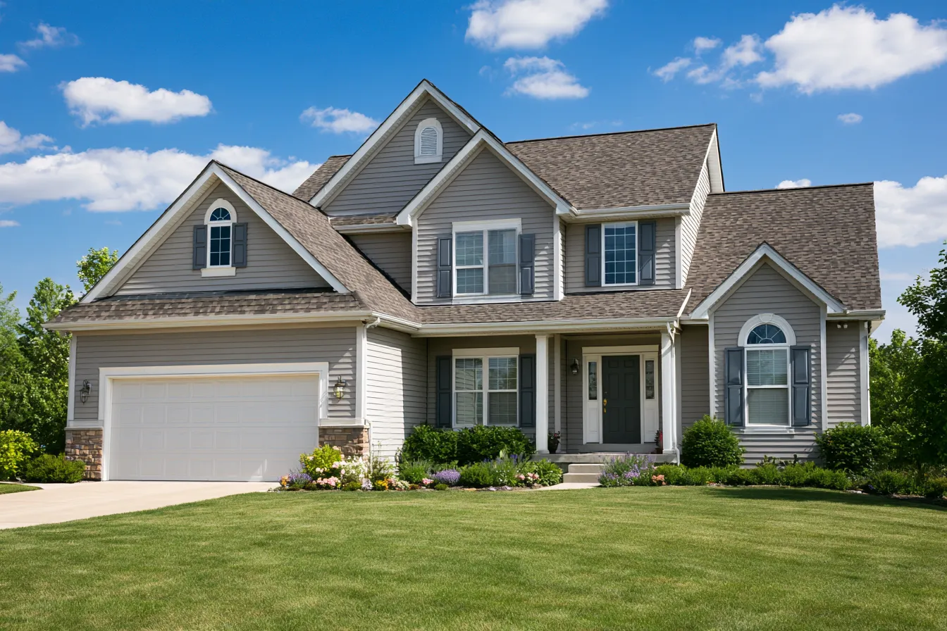 Brown asphalt shingle roof and white garage door on a gray two-story house