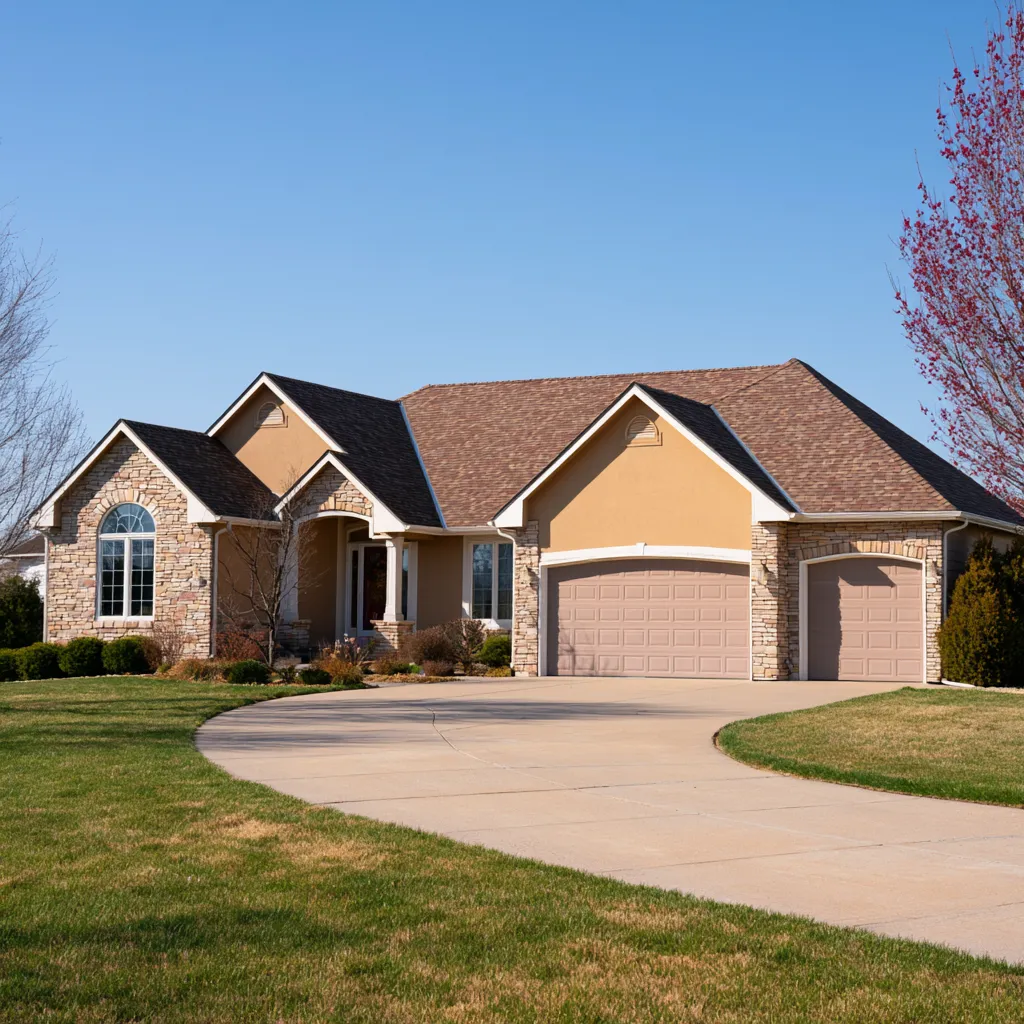 Stucco and stone ranch home with a brown architectural shingle roof