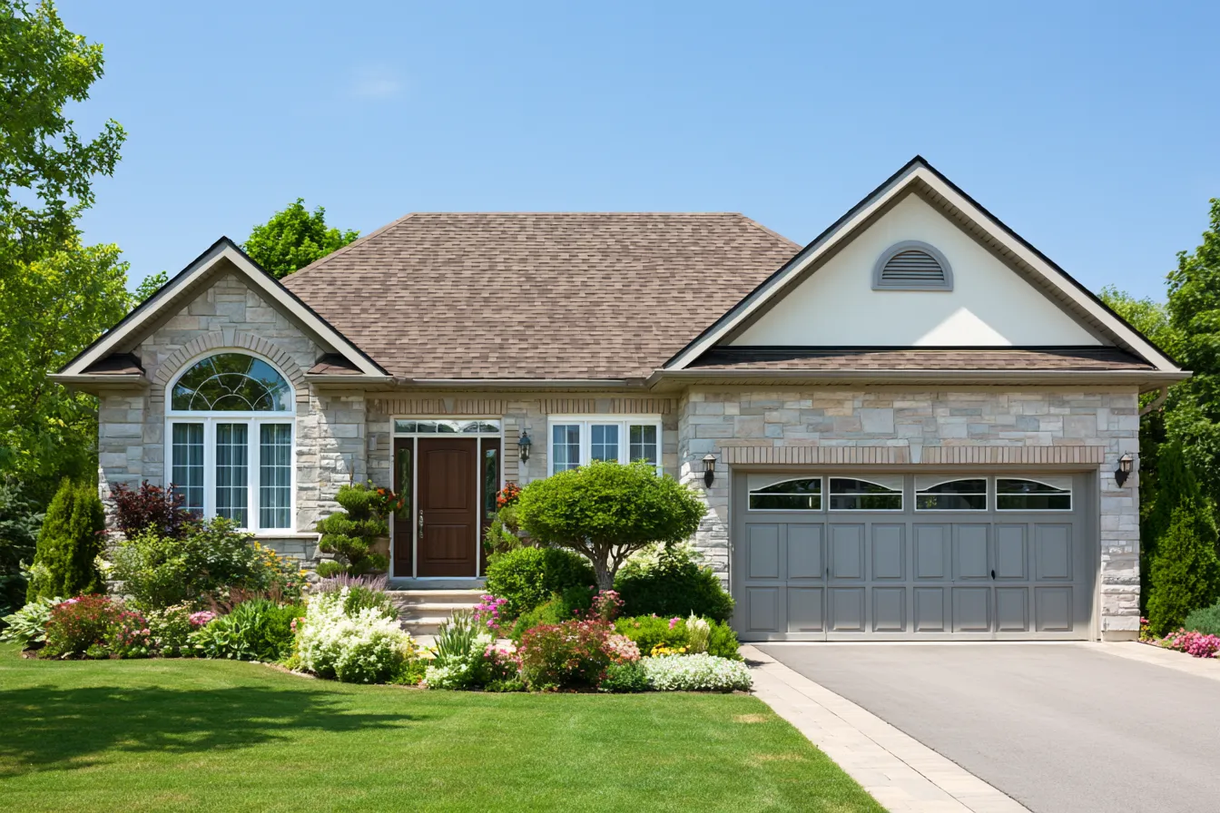 Brown asphalt shingle roof over a stone bungalow with lush flower beds