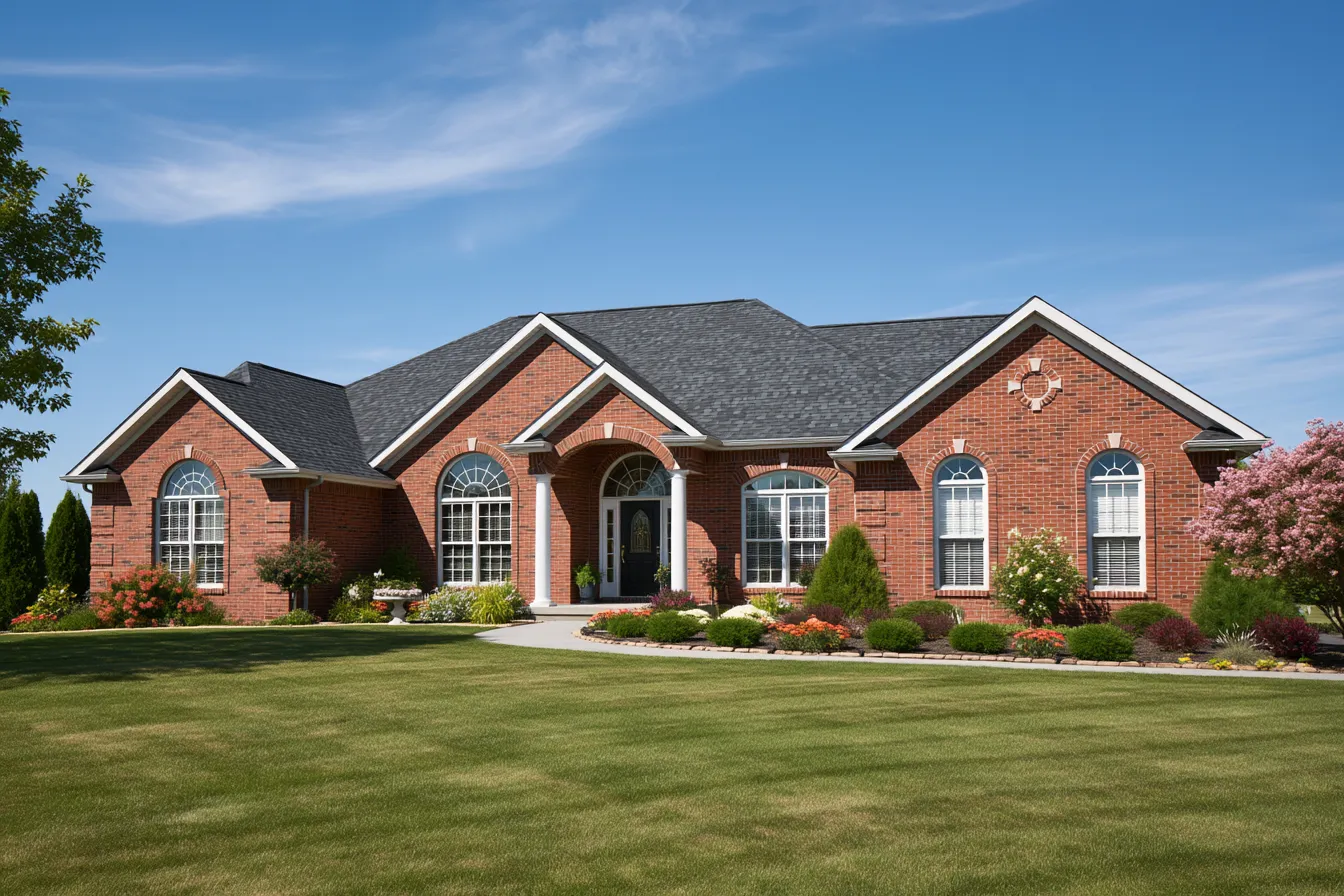 A brick ranch home with multiple gables wears a dark gray shingle roof under blue sky