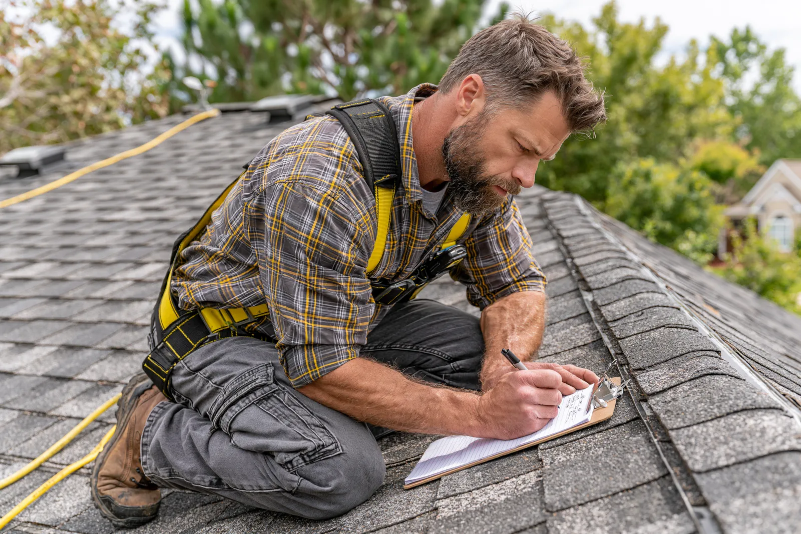 Kneeling on a shingle roof a roofer writes notes on a clipboard