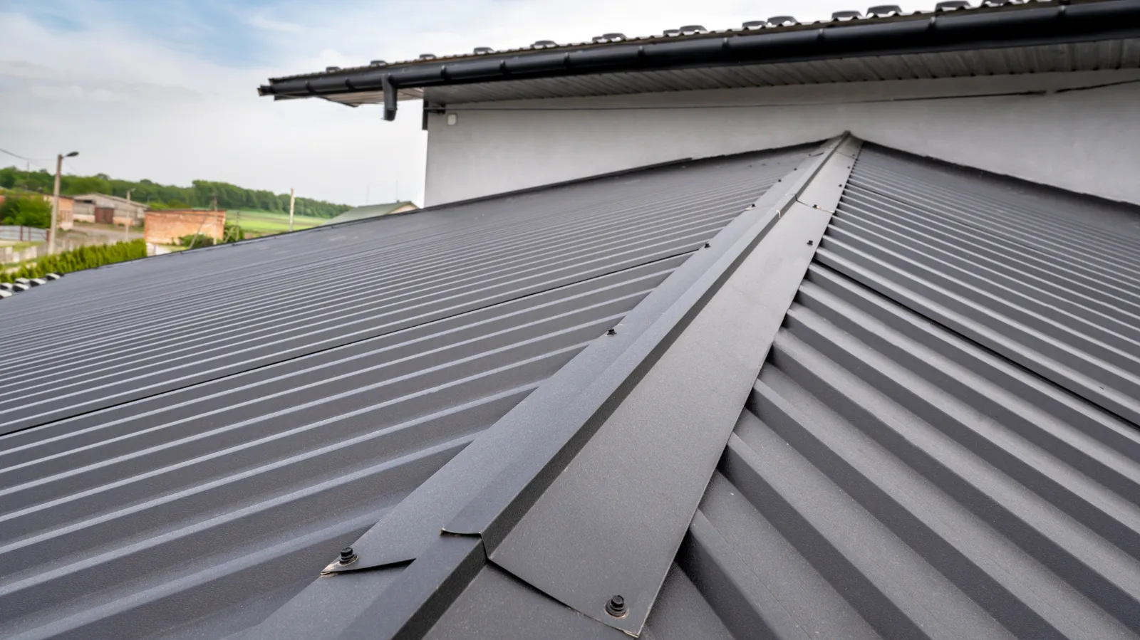 Hip joint of dark metal roof panels showing visible fasteners