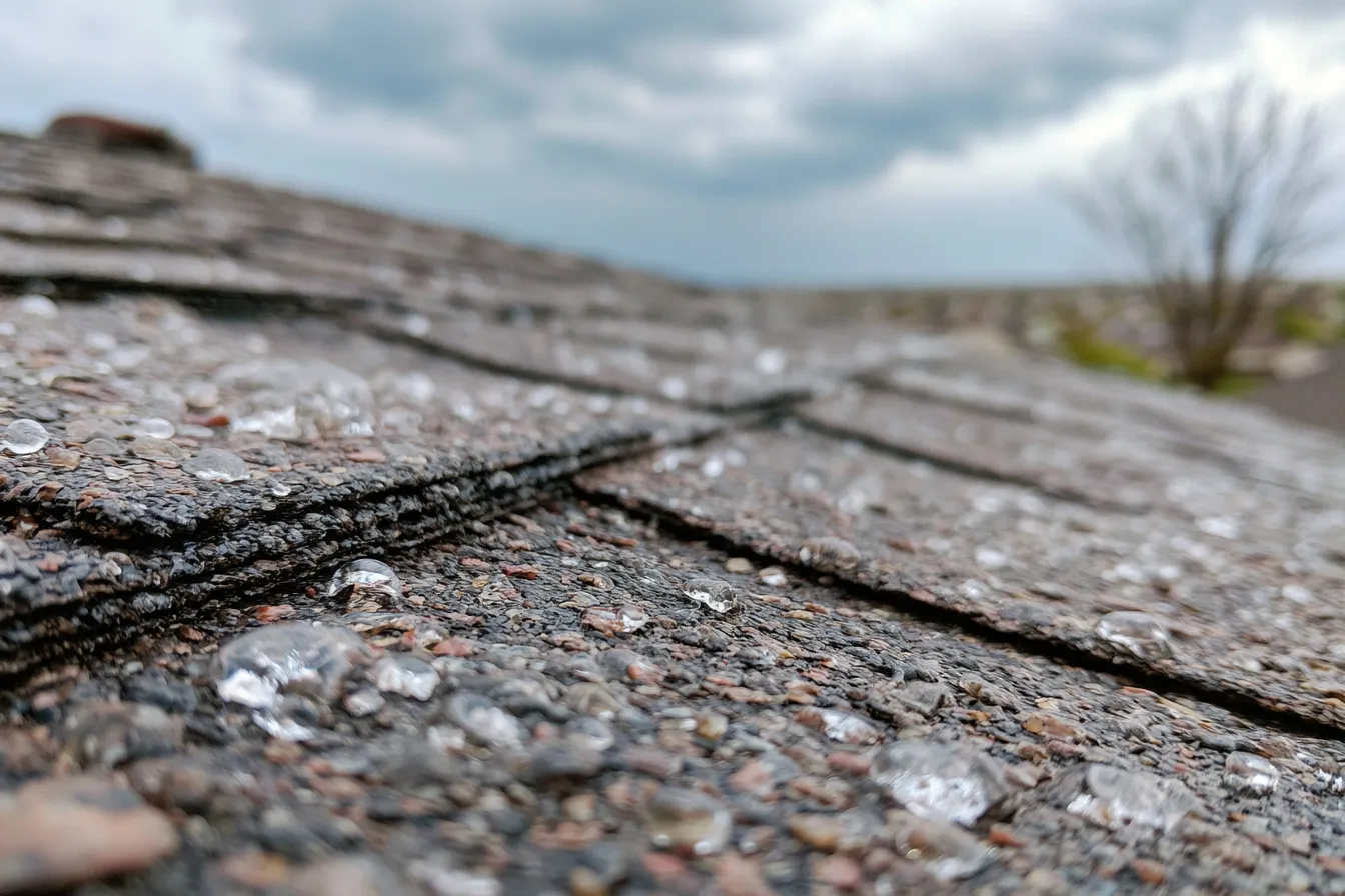 Overcast sky above hailstones scattered across asphalt shingles
